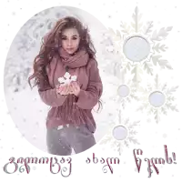 a woman in a pink sweater and scarf is holding a snowflake in front of snowflakes