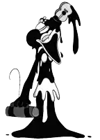 a black and white cartoon character holding a guitar and a spray can
