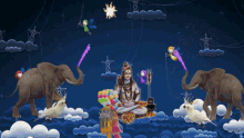 a cartoon drawing of elephants and birds with a purple firework in the background