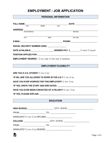 an employment / job application with a personal information section on page 1 of 4
