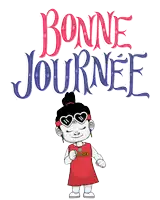 a cartoon girl wearing sunglasses stands in front of a sign that says " bonne journee "