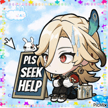 a cartoon character with a sign that says pls seek help