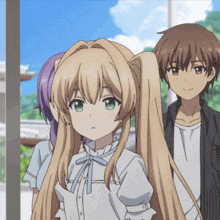 a girl with blonde hair and green eyes is standing next to a boy and a girl with purple hair