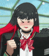 a girl with long red hair is wearing a choker and a red bow tie .