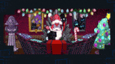 a cartoon drawing of santa claus sitting on a throne with a candy cane