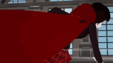 a girl in a plaid skirt and a red cape is dancing in a room .