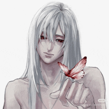 a man with long white hair is holding a butterfly in his hand