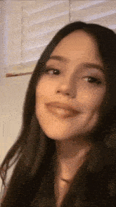 a woman with long dark hair is smiling and looking at the camera in front of a window with blinds .