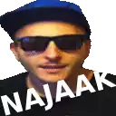 a man wearing sunglasses and a blue hat with the word najaak on his shirt .