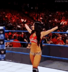 a woman in a wrestling ring with her arms outstretched in front of a crowd .