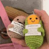 a person is holding a stuffed animal that says positive potato and positive corn