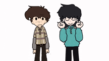two cartoon characters are standing next to each other with their eyes closed