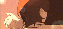 a close up of a person 's face in a cartoon with a blurred background .