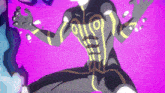 a cartoon drawing of a man with a purple background and a yellow stripe on his chest
