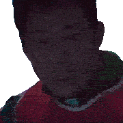 a close up of a man 's face with a red and green shirt on