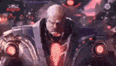 a man in a suit and tie is standing in front of a futuristic robot .