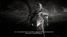 a black and white image of a video game character talking