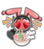 a cartoon character with heart shaped eyes eating noodles from a bowl