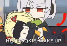 a cartoon of a girl holding a doll with the words `` hey pookie , wake up '' .