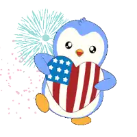 a penguin is holding an american flag heart in its paws