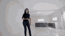 a woman standing in a kitchen with the words made in animotica on the bottom right