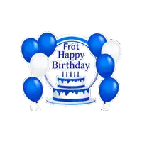 a frat happy birthday sticker with blue and white balloons