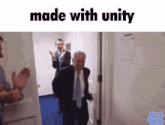 a man in a suit and tie is walking through a doorway with the words made with unity written on the bottom