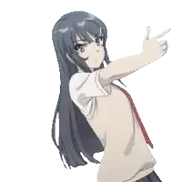 a girl in a school uniform is pointing her finger at something