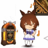 a little girl is standing next to a jukebox with music notes coming out of it .