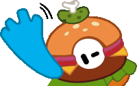 a cartoon illustration of a hamburger with a blue hand on top
