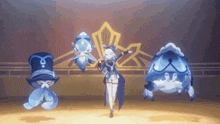 a girl in a top hat is surrounded by a crab and a fish