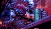 a skeleton with horns is holding a gun and drinking from a mug