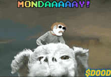 a cartoon of a man riding on the back of a white dog with mondaaaay written on it