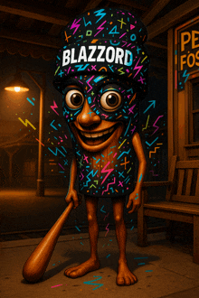 a cartoon character wearing a hat that says blazzard