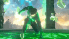 a man in a green superhero costume is kneeling down in front of a green screen .