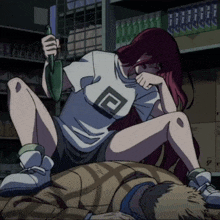 a girl with red hair is holding a knife and wearing a shirt with a square on it