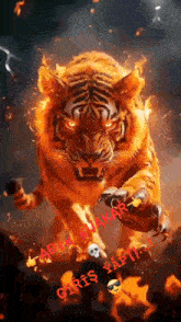 a painting of a tiger on fire with a skull and sunglasses