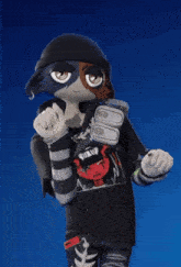 a cartoon character is wearing a black shirt with a picture of a girl on it and holding two cans of soda