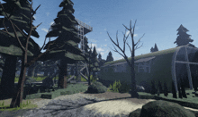 a computer generated image of a forest with trees and buildings