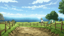 a cartoon drawing of a girl standing next to a wooden fence looking at the ocean