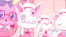 a group of pink and white cartoon characters are standing next to each other with hothotmiso written in the corner