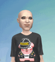 a bald man wearing a moschino t-shirt with a bunny on it