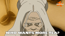 an advertisement for nickelodeon shows a cartoon of an old woman asking who wants more tea