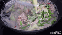 a close up of a pan of food with the words made in animotica on the bottom