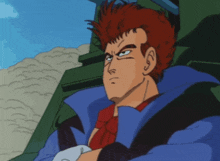 a cartoon character with red hair and a blue jacket looks angry