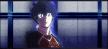 a boy in a red and black adidas jersey is looking at the camera