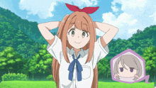 a cartoon girl with a red bow in her hair stands in a field