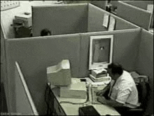a man is sitting at a desk in a cubicle in front of a computer .