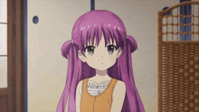 a girl with purple hair and pigtails is wearing a tank top