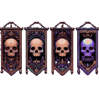 four banners with skulls on them are hanging on a white background